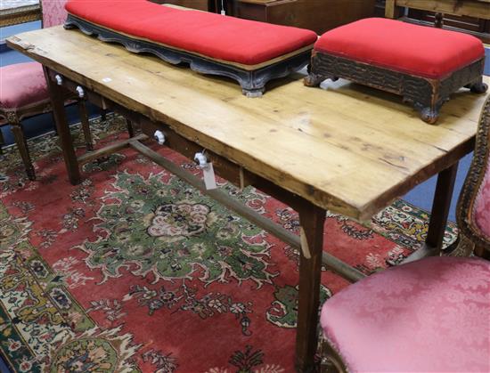 A French farmhouse table, with two drawers, W.210cm